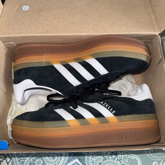 adidas Shoes - adidas Gazelle Platform Sneakers - Black with White Stripes and Gum Sole